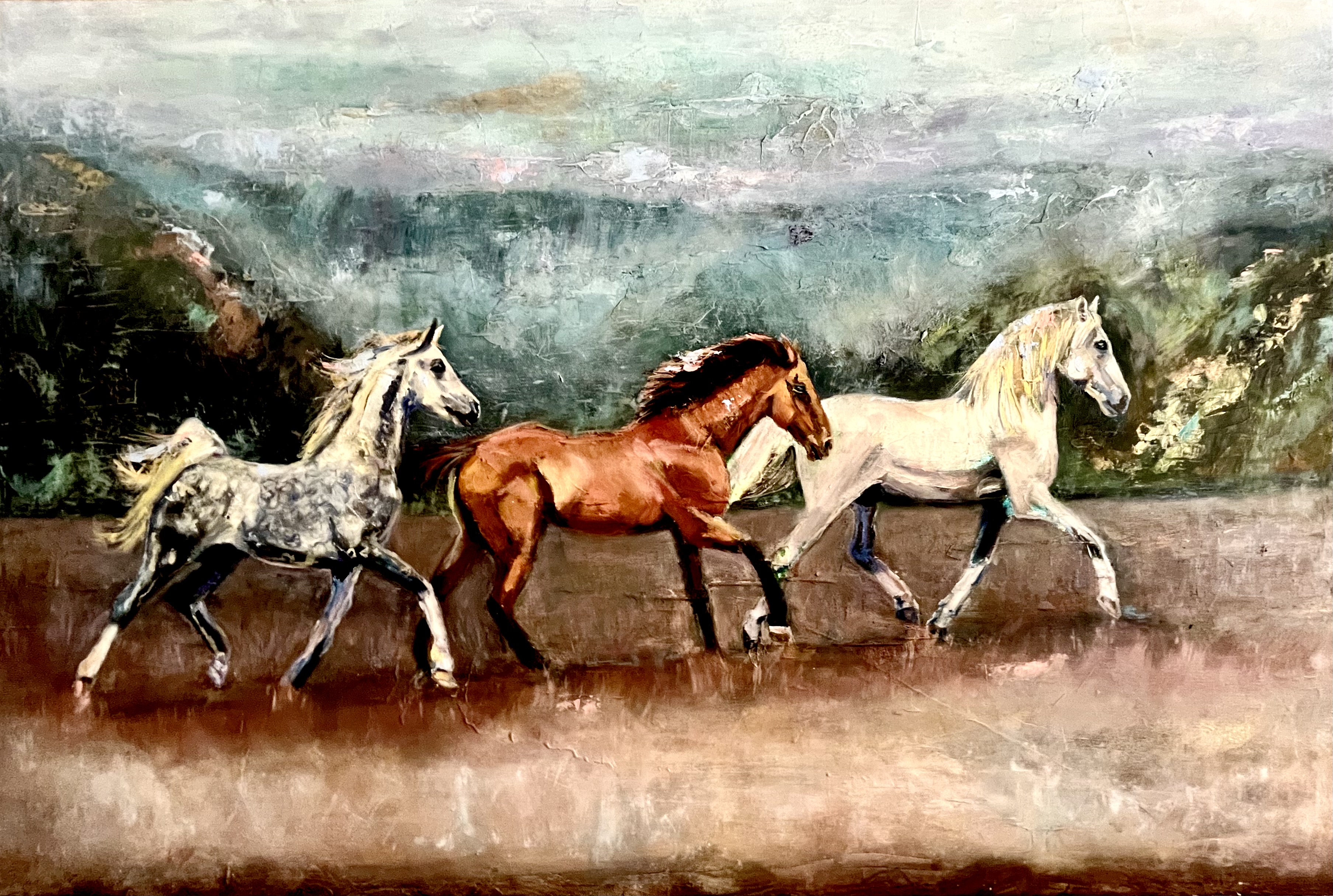 Tranquil Horizon Walk - Serene landscape painting with expansive horizon, 36x24 inches